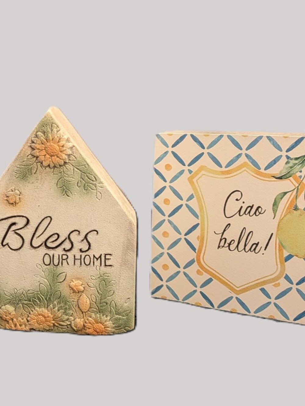 Decorative Duo - "Ciao Bella Wood Decor and "Bless our Home" Concrete House